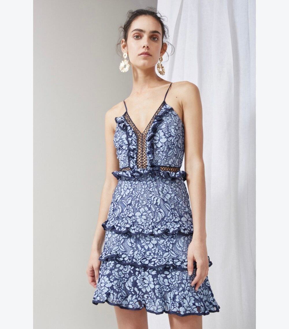 Keepsake the Label Blue Lace Mini Dress Sz. XLtiered ruffles